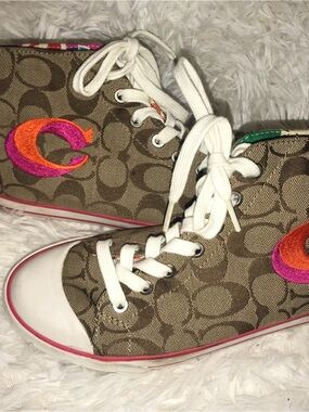 Coach poppy High-Top Sneakers in Brown with Pink & Orange Accents
